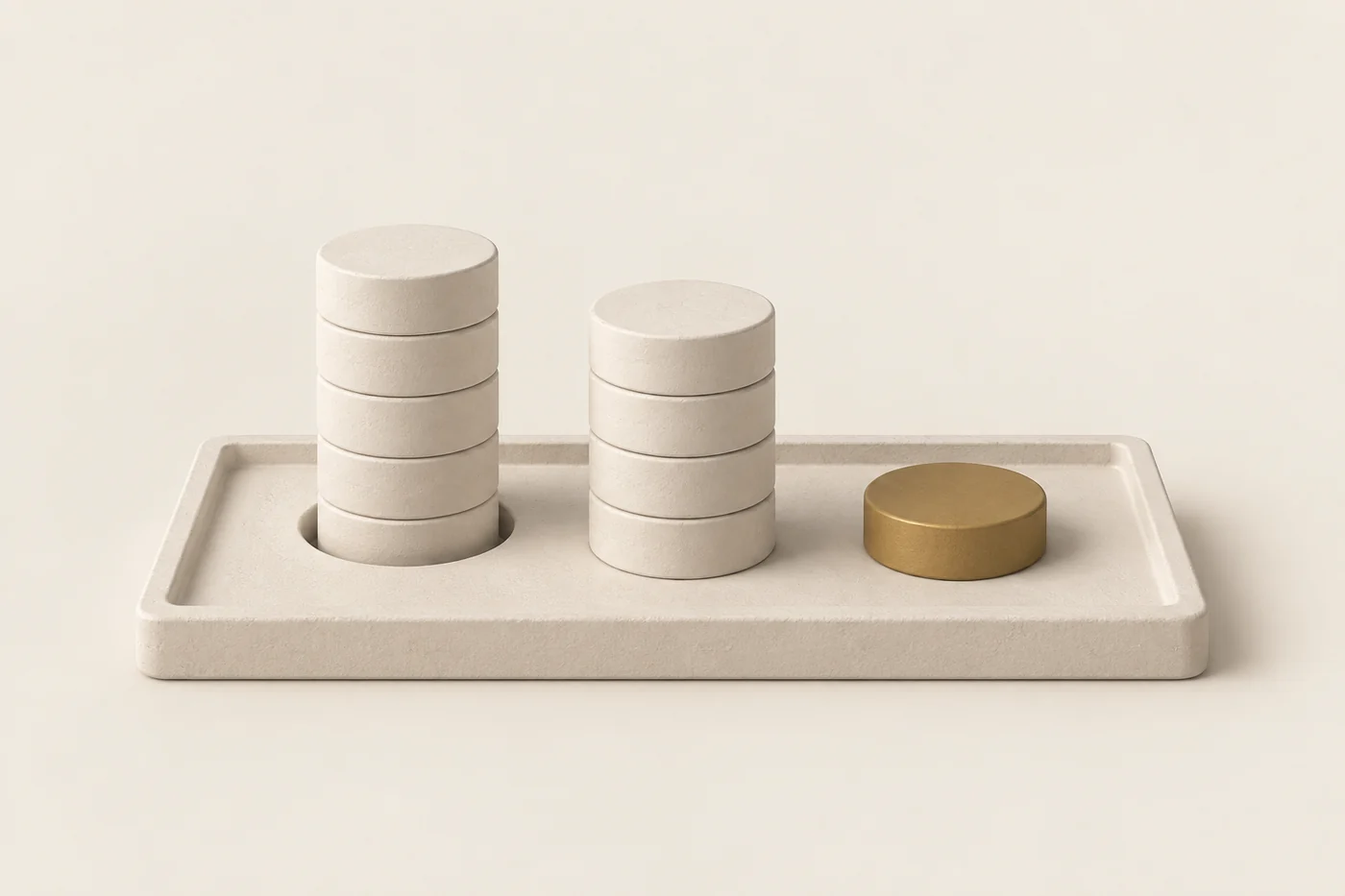 Three stacks of coins in the ratio 5 to 4 to 1, the tallest sinking into a hole